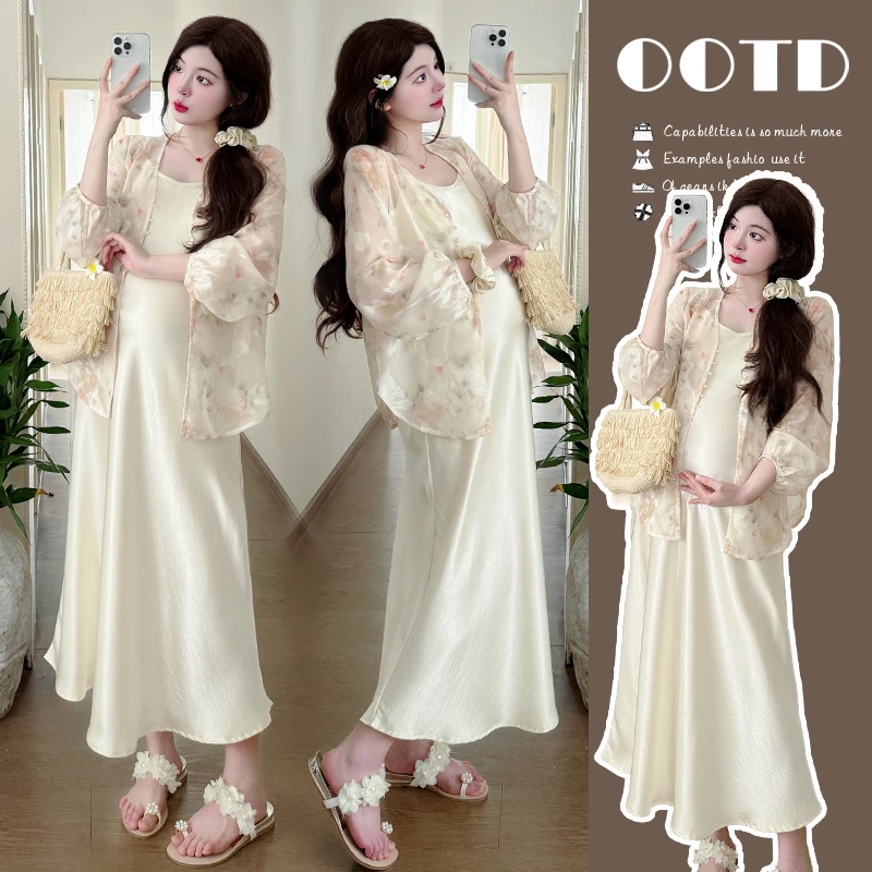孕妇装夏装套装2025新款缎面吊带连衣裙中长款时尚新中式防晒外套