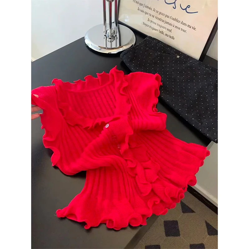 红色v领木耳边针织短袖t恤女夏季独特超好看薄款冰丝修身短款上衣
