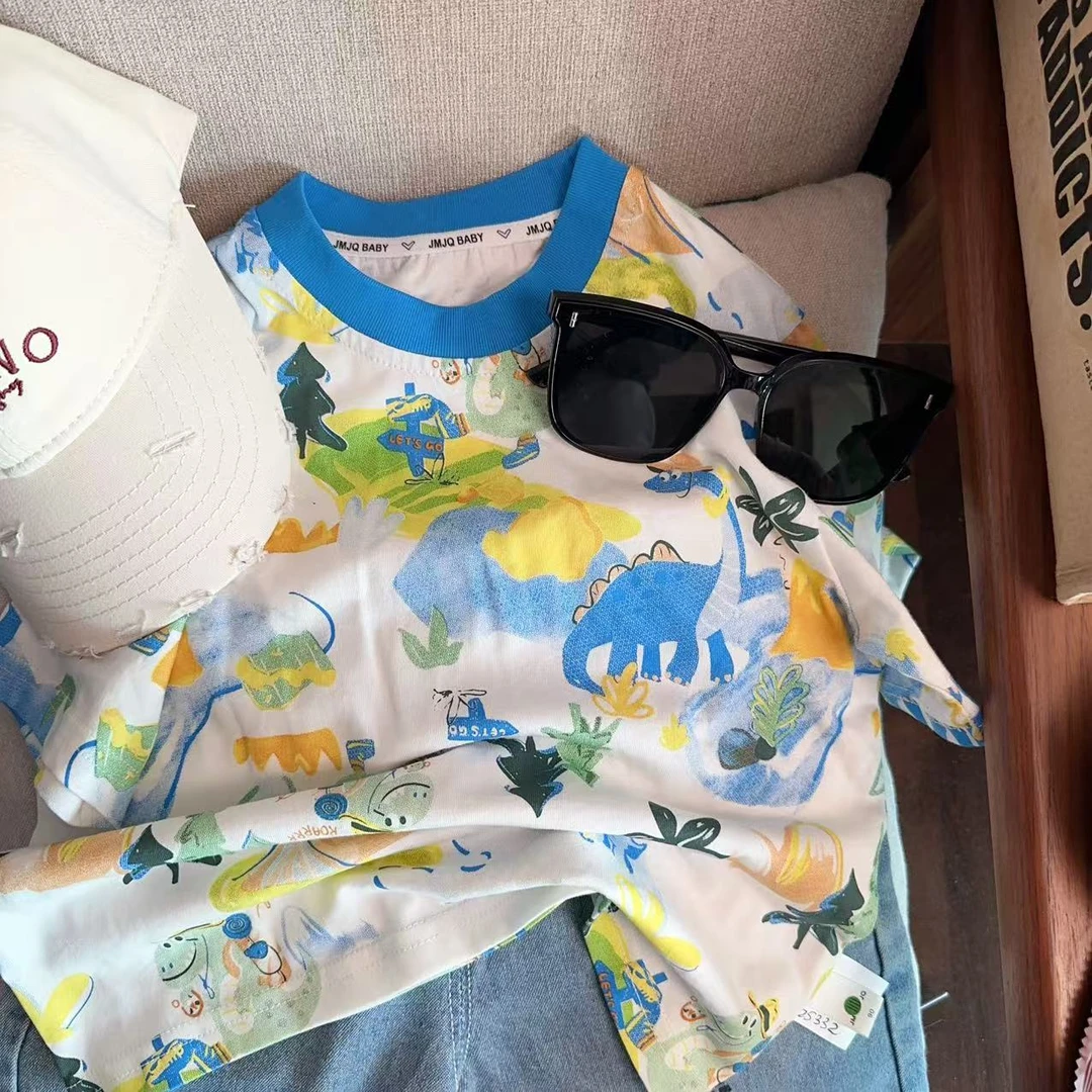 【JMJQ 25332】夏季儿童百搭满印卡通恐龙印花短袖圆领休闲T恤