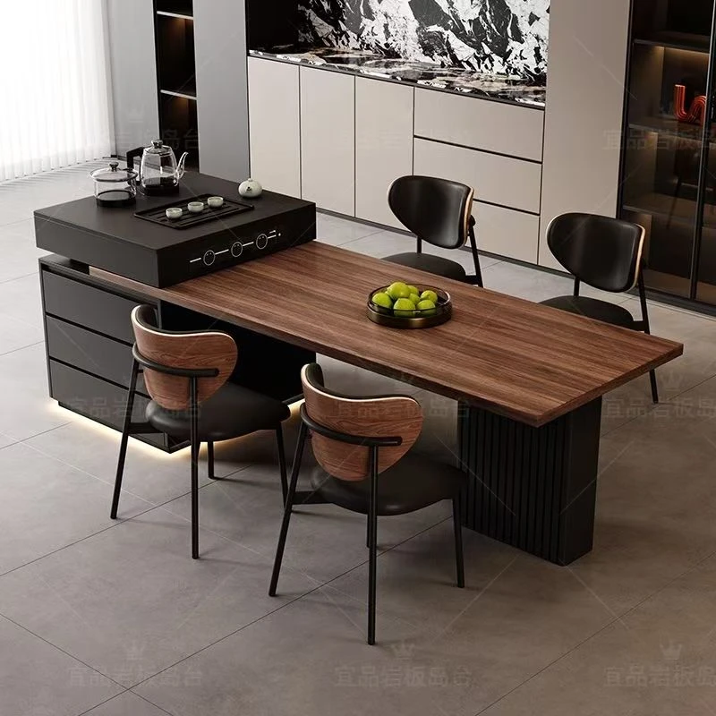 【专属链接】岩板岛台餐桌一体家用黑胡桃色伸缩多功能大户