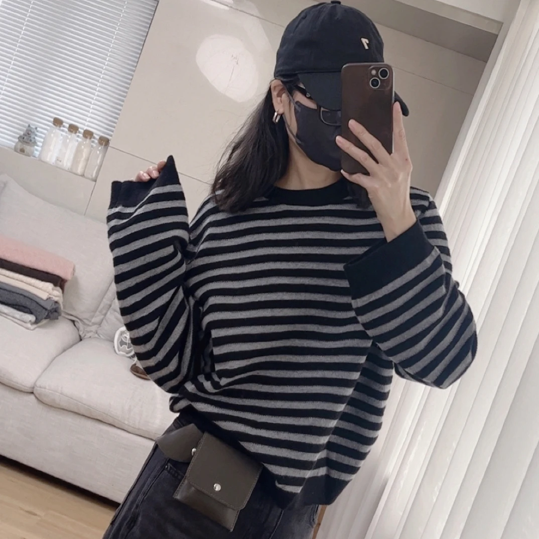 她家现货韩版撞色条纹简约宽松显瘦百搭休闲时尚套头圆领毛衣