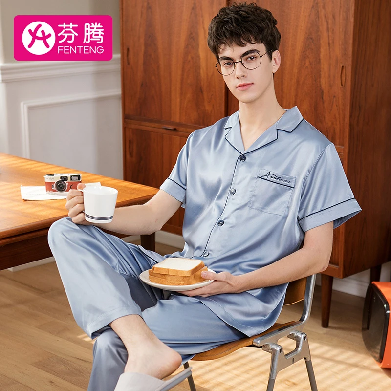 芬腾芬腾男款睡衣夏季新款翻领顺滑薄款短袖家居服