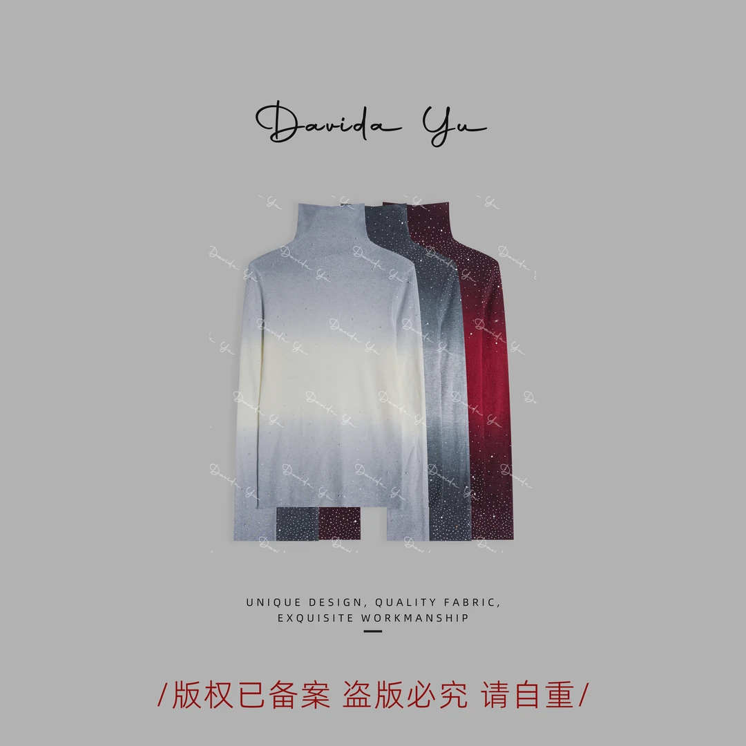 Davida Yu【渐变羊毛打底】秋冬新款珍珠烫钻高领长袖针织衫 88870