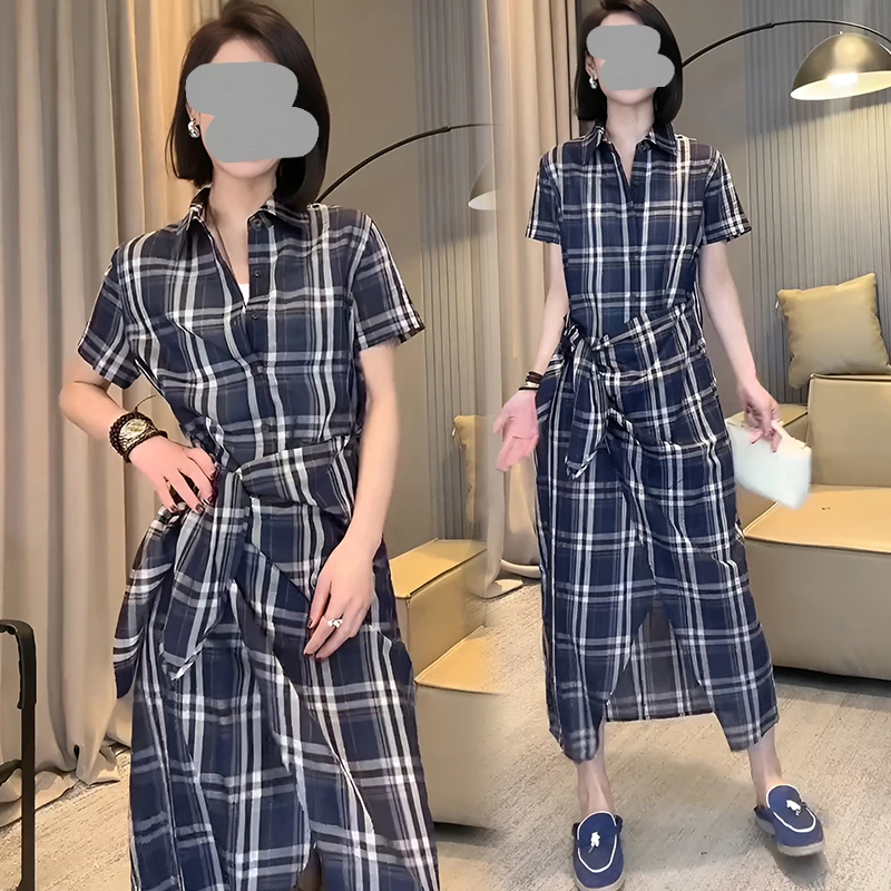 2025夏季漂亮法式优雅气质高级感显瘦格子绑带连衣裙简单大方长裙