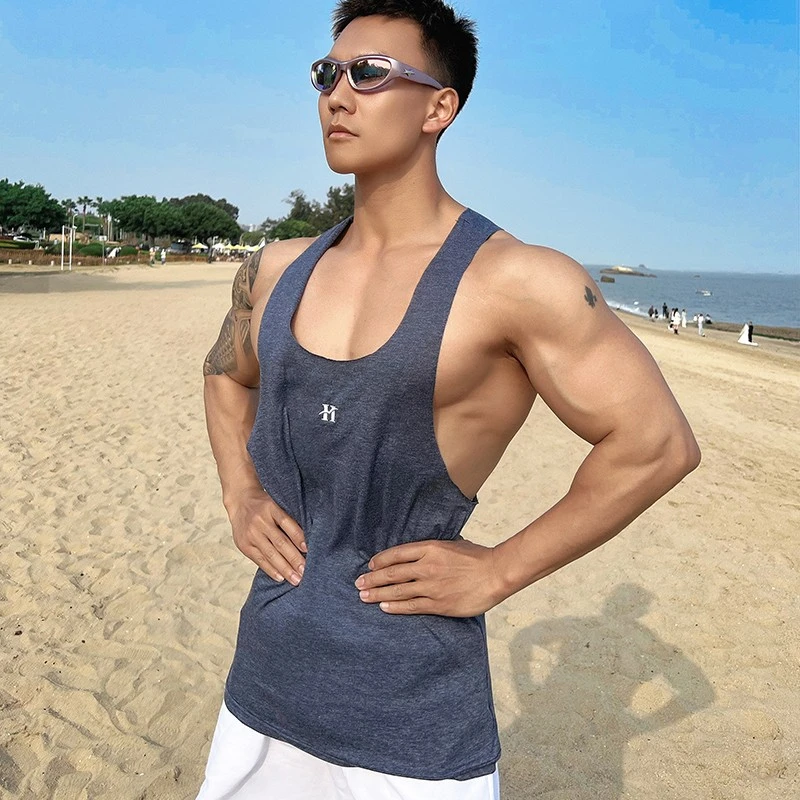 辉先生夏季新背心男纯色健身低胸一片式印花汗背心修身运动休闲薄