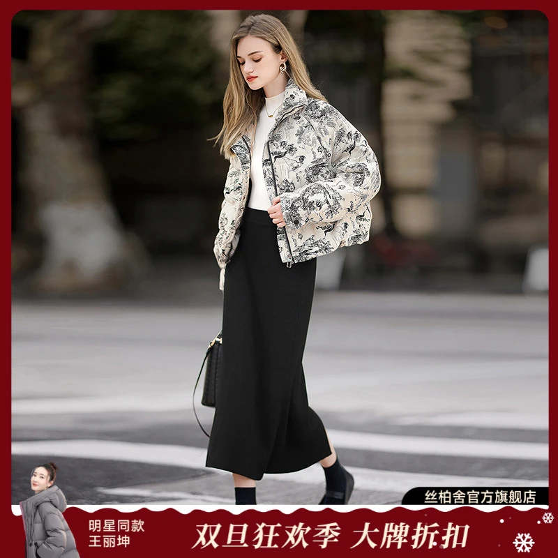 她池2025冬新款女气质拼色立领文艺风羽绒服T44B8066Y