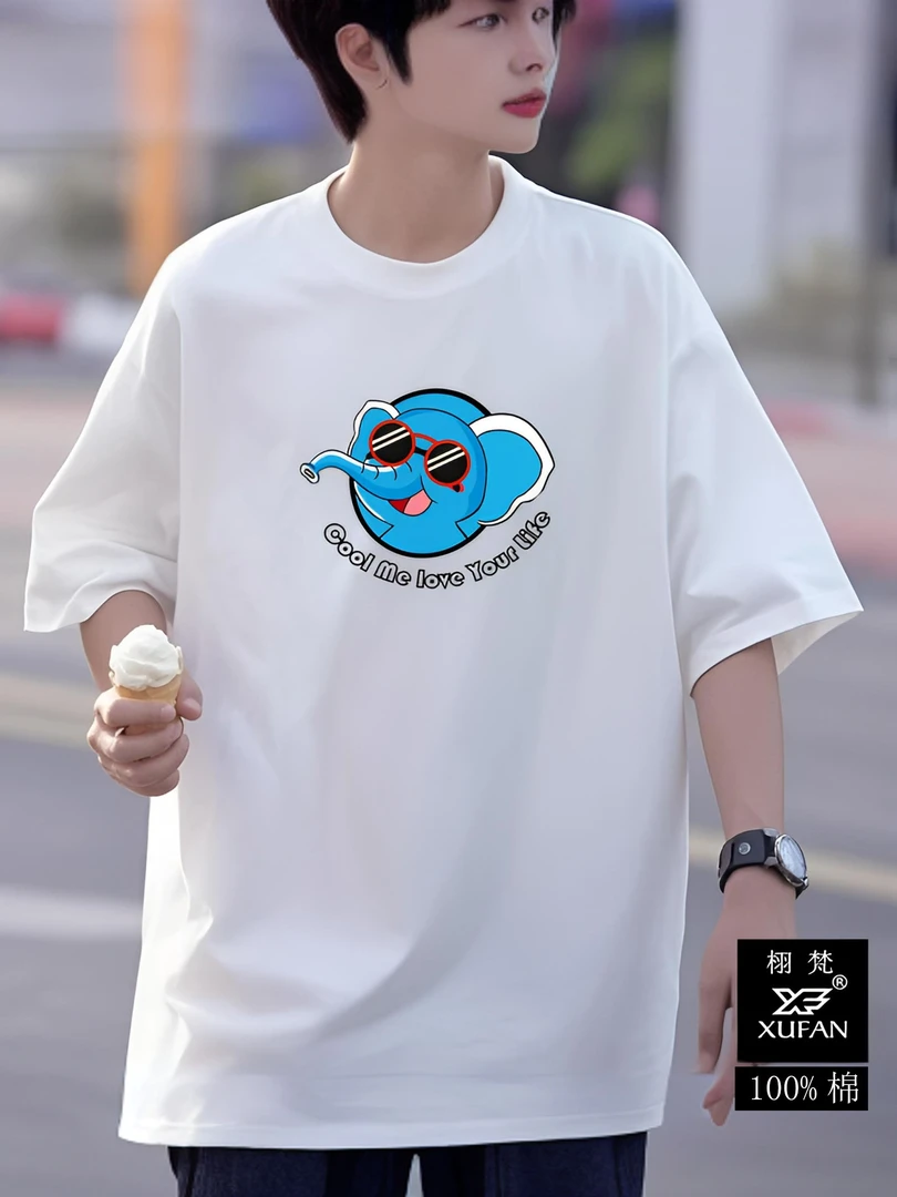 100%棉男孩短袖白色国潮大码ins宽松夏季情侣落肩短袖T恤象小清新