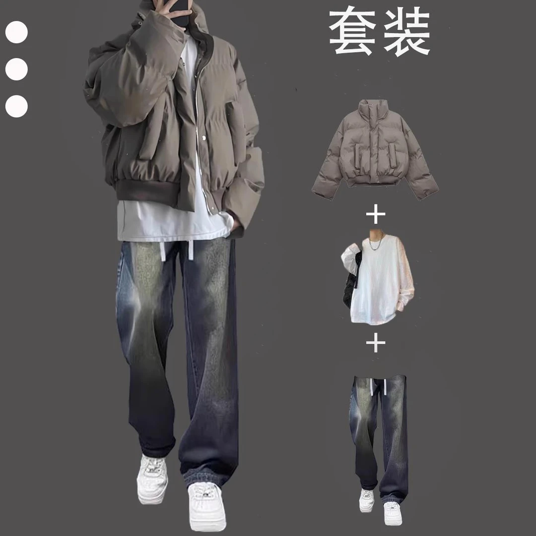pu皮棉衣男套装冬季美式潮牌痞帅棉袄短款立领面包服棉服穿搭男装