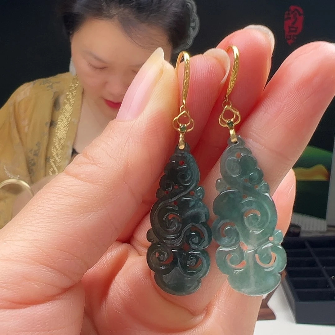 翡翠18K金镶嵌耳饰清*天然翡翠