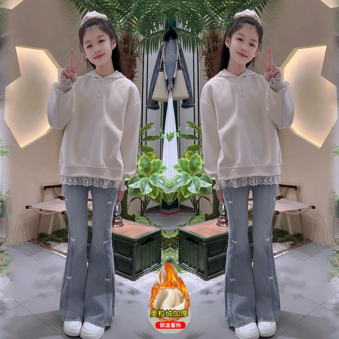 女童喇叭裤新款洋气儿童微喇牛仔裤秋冬装大童女孩女童刺绣长裤子