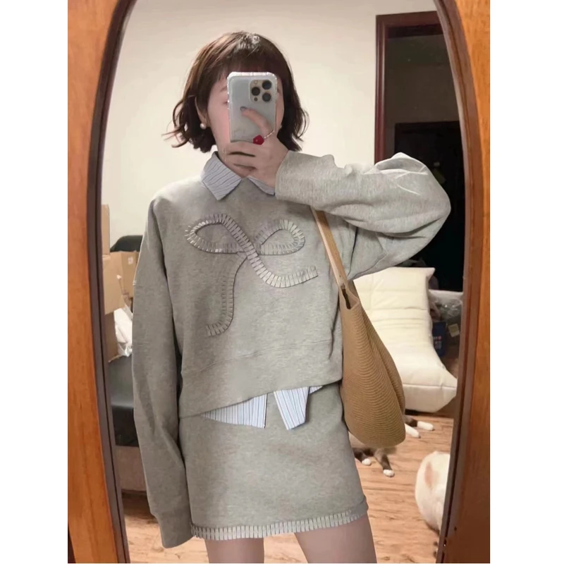 2025初春女套装小个子显高时尚灰色卫衣显瘦高腰A字半身裙套装