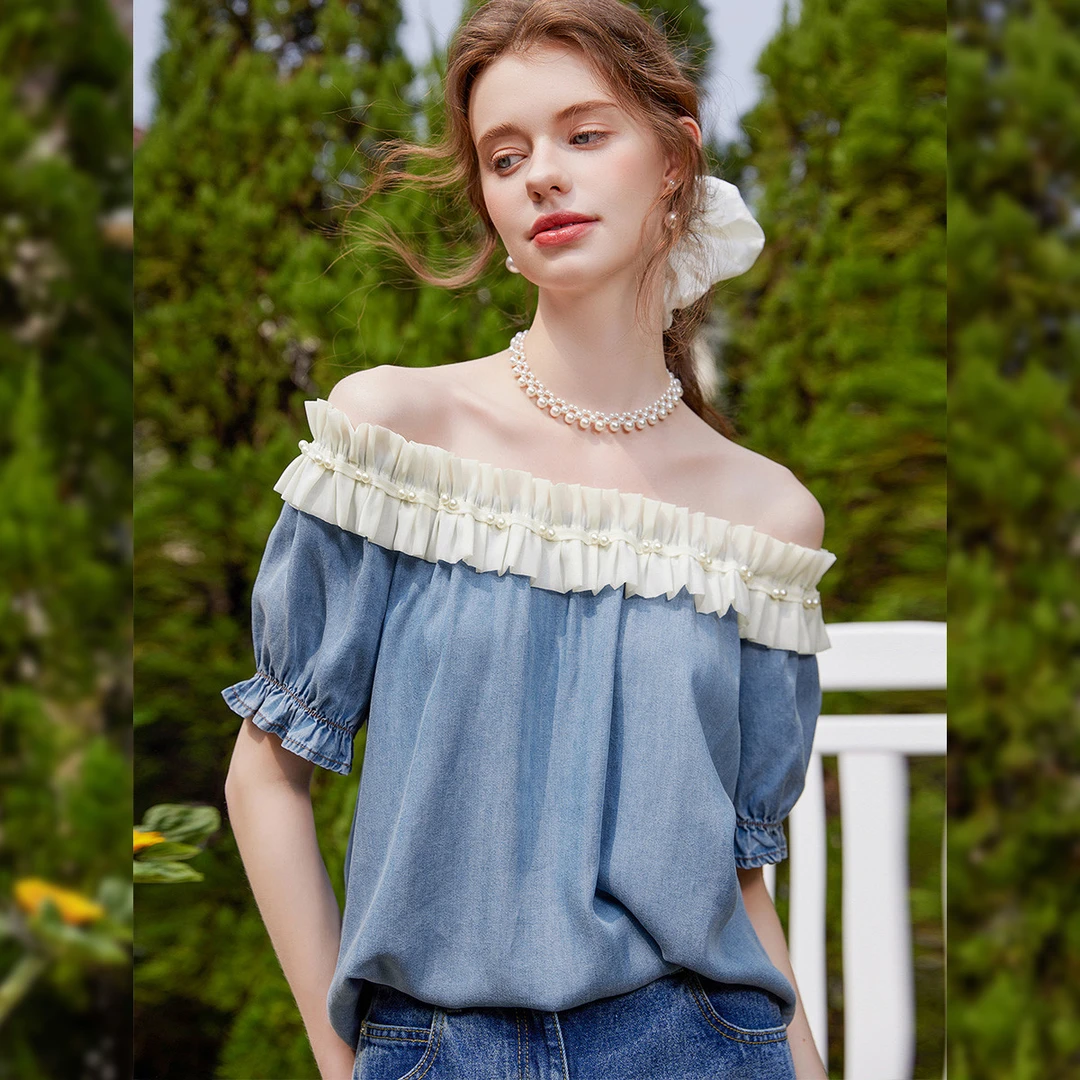 【商场同款新品】白鹿语夏时尚撞色牛仔木耳边衬衫女YU20187