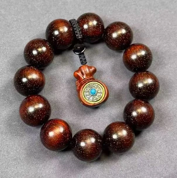 T13天然满金星紫檀血檀手串 木雕钱袋大颗盘玩串珠手饰