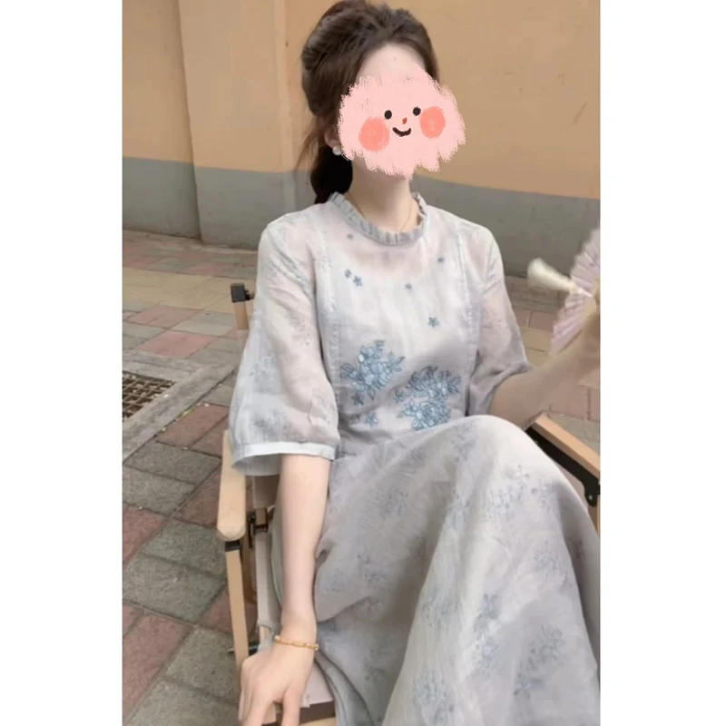 『刺绣假日』新中式百搭时尚连衣裙夏季中袖花边圆领收腰长裙