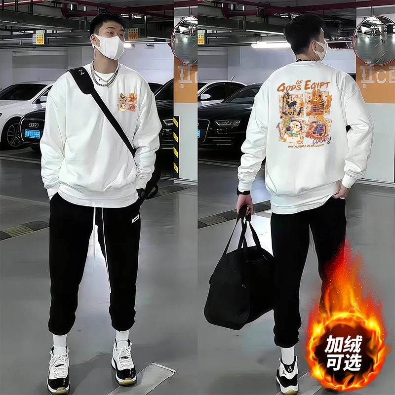 重磅设计感加绒加厚圆领卫衣男秋冬季美式潮流炸街印花百搭打底衫