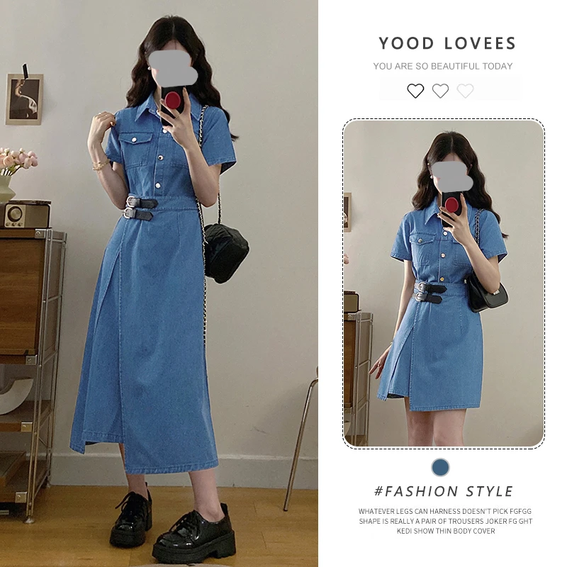 2025夏季穿搭微胖妹妹MM港味复古风收腰显瘦巨好看的牛仔连衣裙子