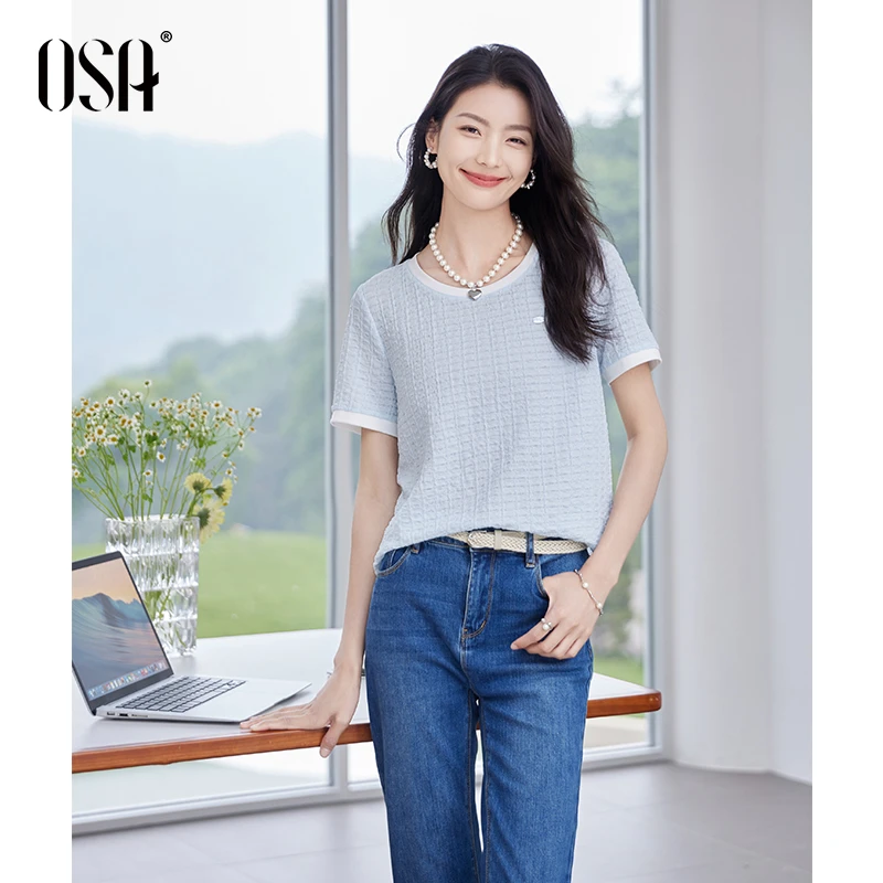 OSA/欧莎 撞色圆领肌理感短袖T恤女2通勤百搭气质上衣S125B11047