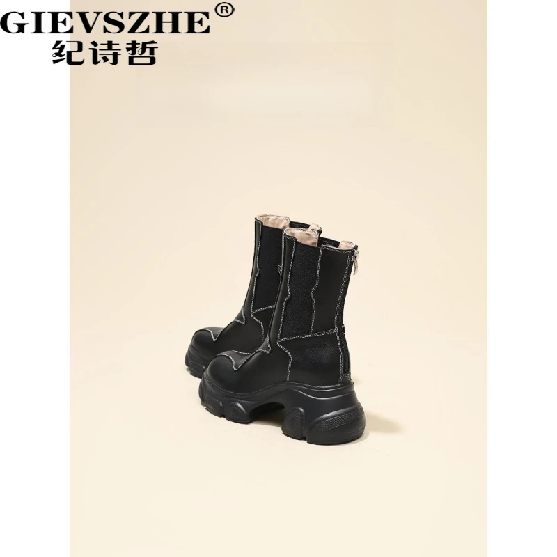 纪诗哲靴子女增高显瘦马丁靴女秋冬小个子黑色百搭粗跟切尔西短靴