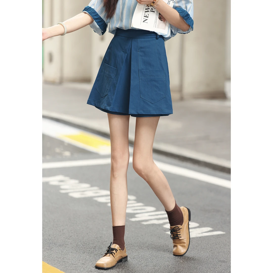 陈大器【蓝莓冰萃】复古港风阔腿裤高腰裤子女宽松短裤裙JP1666401