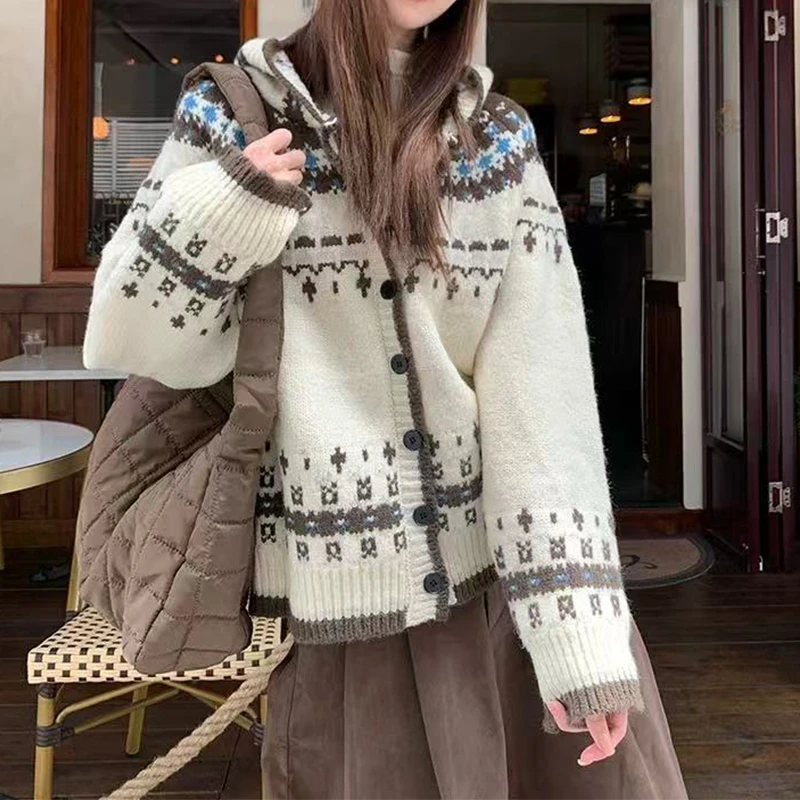 【丹姐家~费尔岛帽衫】羊毛撞色提花超好看连帽针织衫外套女早秋