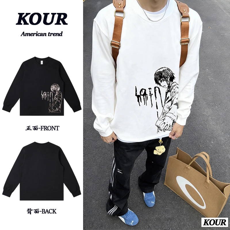 线条英文人物美式高街复古上衣重磅纯棉宽松百搭落肩圆领长袖T恤