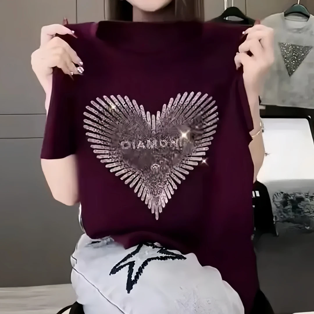 2025夏季新款爱心洋气烫钻短袖女T恤百搭时尚减龄优质棉显瘦上衣
