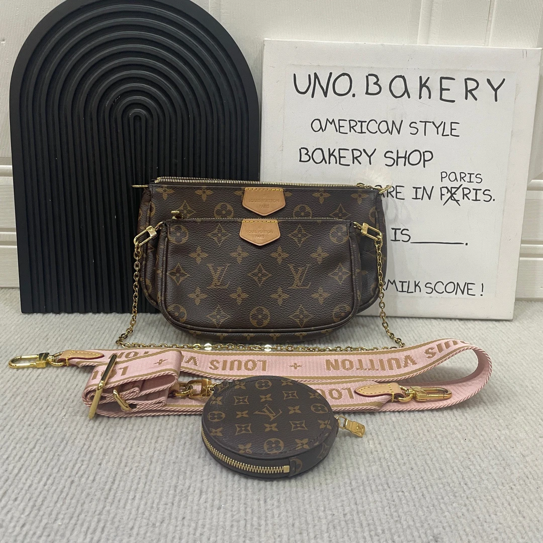 95新 LouisVuitton/路易威登 【蔡包紫】老花五合一粉肩带/芯片款