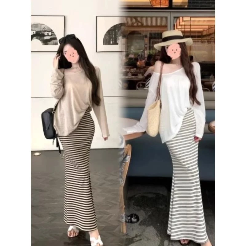 时尚套装斜肩宽松长袖T恤女夏季撞色条纹鱼尾长裙两件套