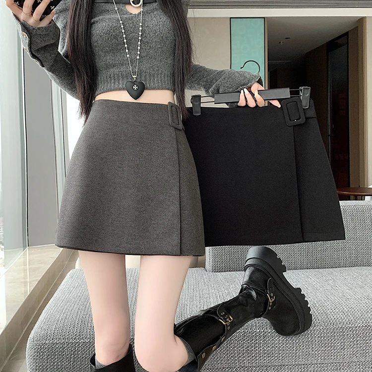 不规则开叉毛呢百搭半身裙女秋冬款高腰韩版显瘦a字包臀裙短裙 女