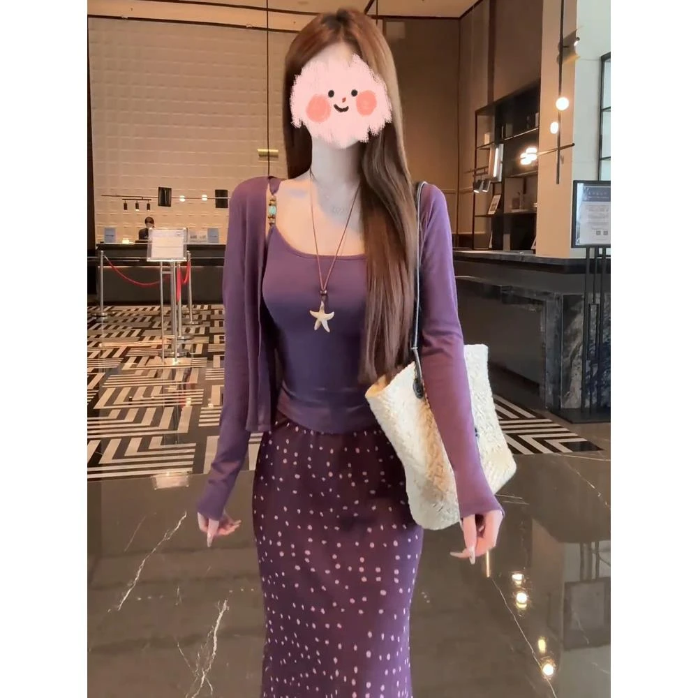 秋季穿搭一整套女紫色修身吊带背心针织开衫高腰波点半身裙三件套