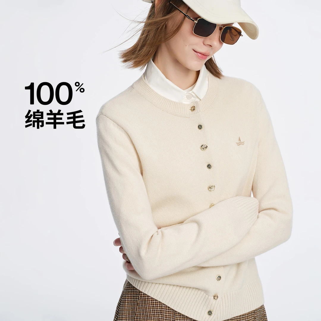 [纯羊毛]navigare意大利小帆船高级感圆领针织开衫女软糯羊毛外套