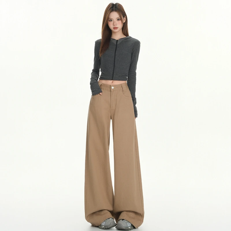 拿铁棕阔腿牛仔裤女2025新款春秋复古高腰宽松小个子拖地直筒裤子