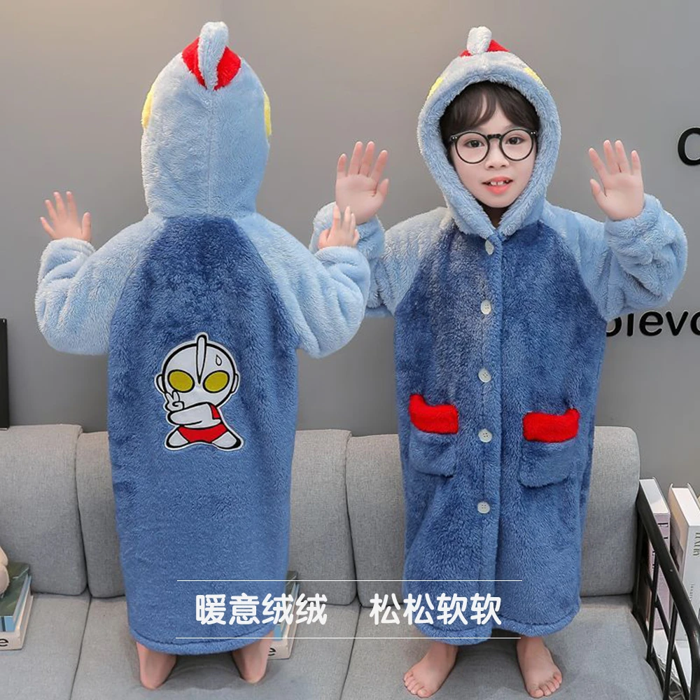 奥特曼男童睡袍秋冬加厚儿童珊瑚绒睡衣秋冬季宝宝家居服外穿浴袍