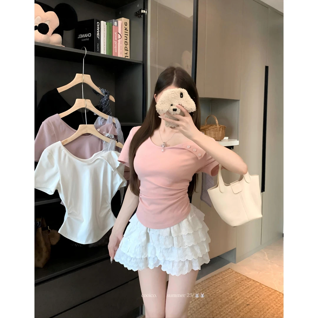 不规则绑带蝴蝶结短袖t恤2025夏季新款大码修身显瘦露肩上衣女