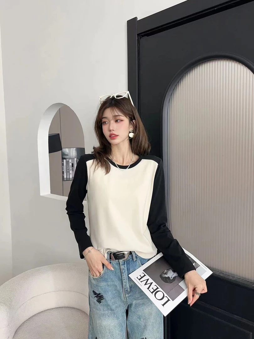 早秋女式拼色内搭插肩袖拼色打底衫