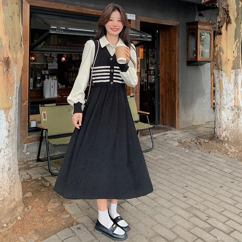 法式针织假两件连衣裙长袖拼接设计感显瘦气质长款