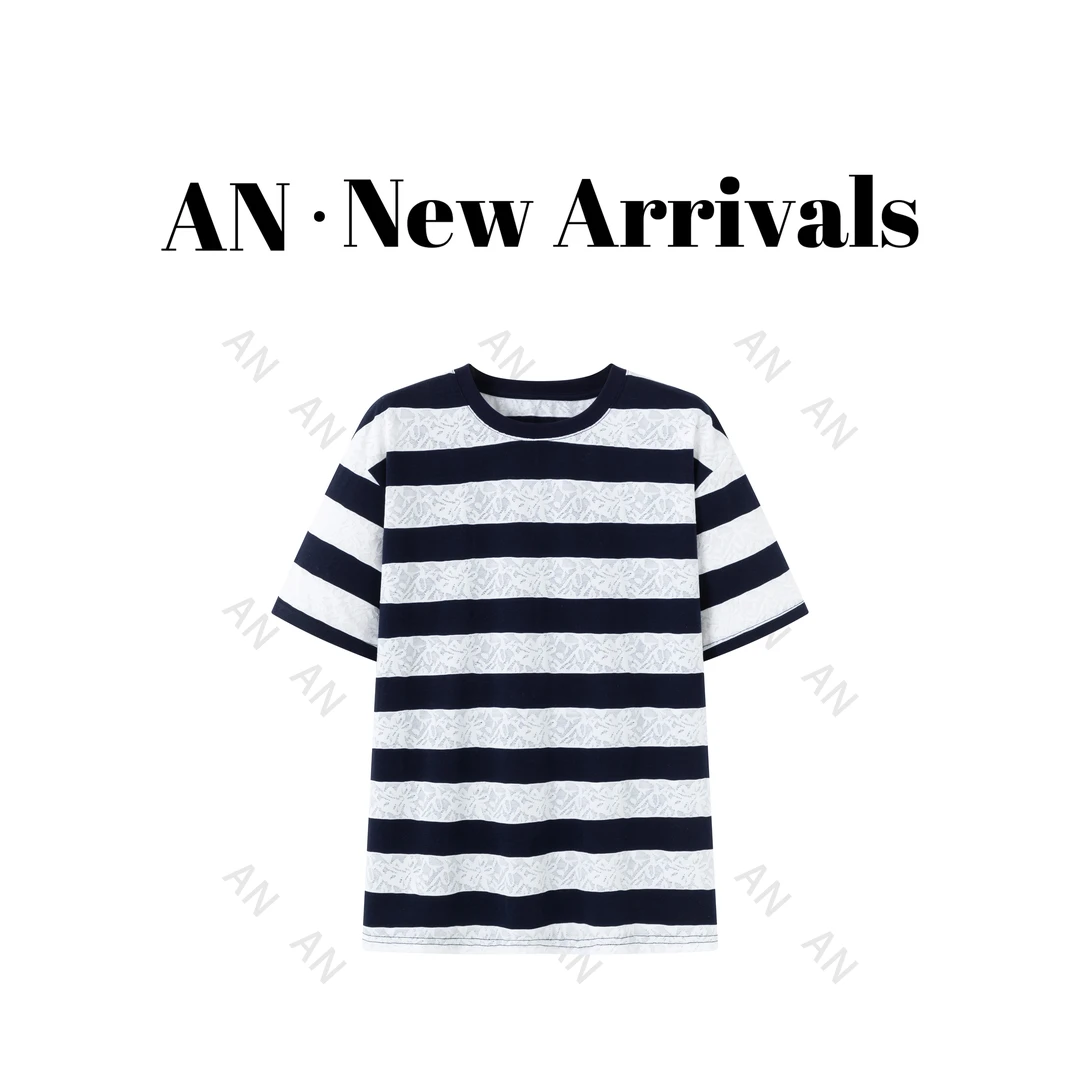 C05271圆领宽松INS潮慵懒风显瘦设计感提花条纹短袖T恤