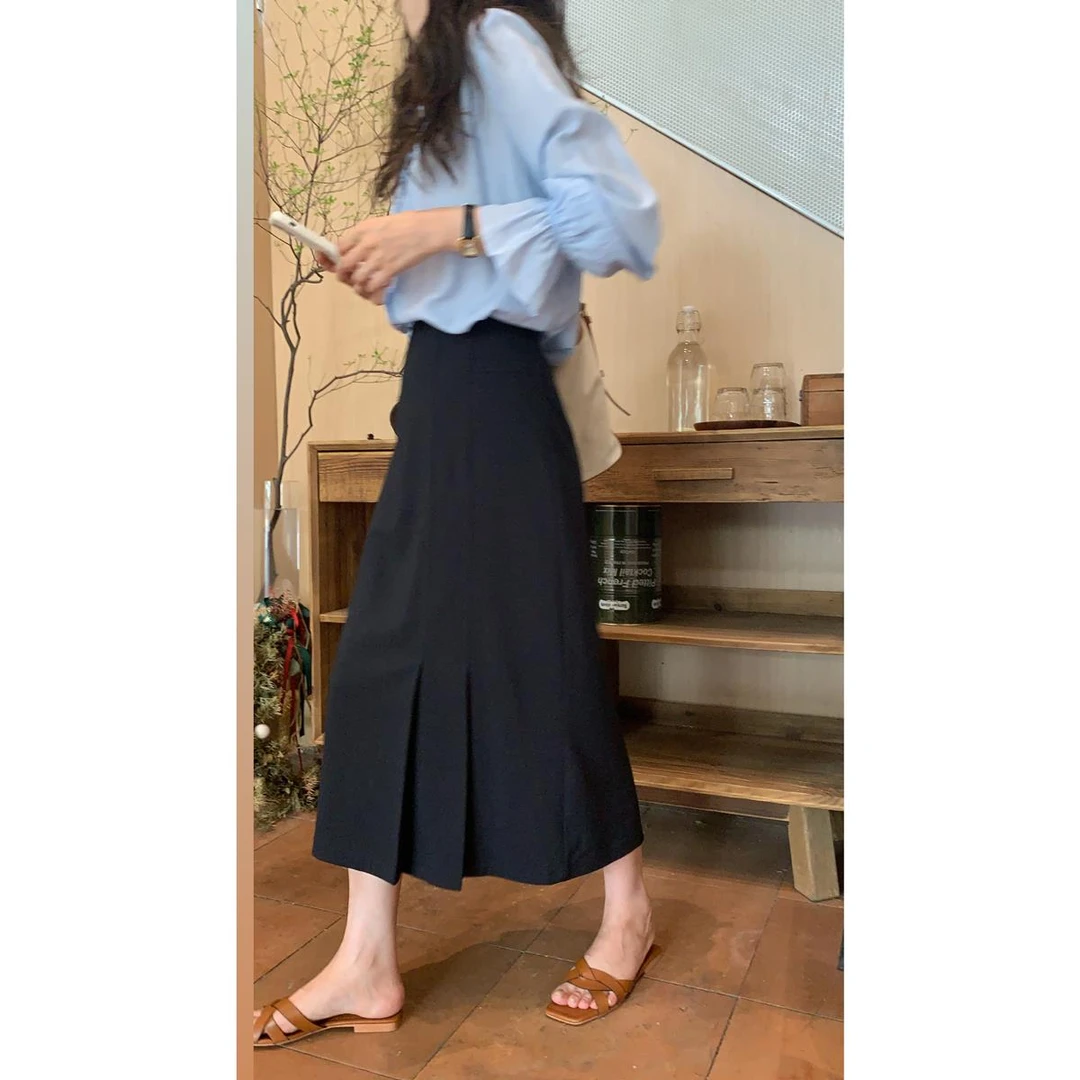 a字百褶西装裙子女黑色显瘦高腰半身裙春夏季新款中长裙