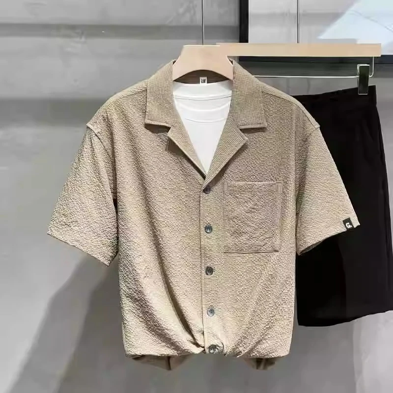 夏季冰丝短袖衬衫男宽松古巴领高级感纯色衬衣半袖上衣寸衫外套男