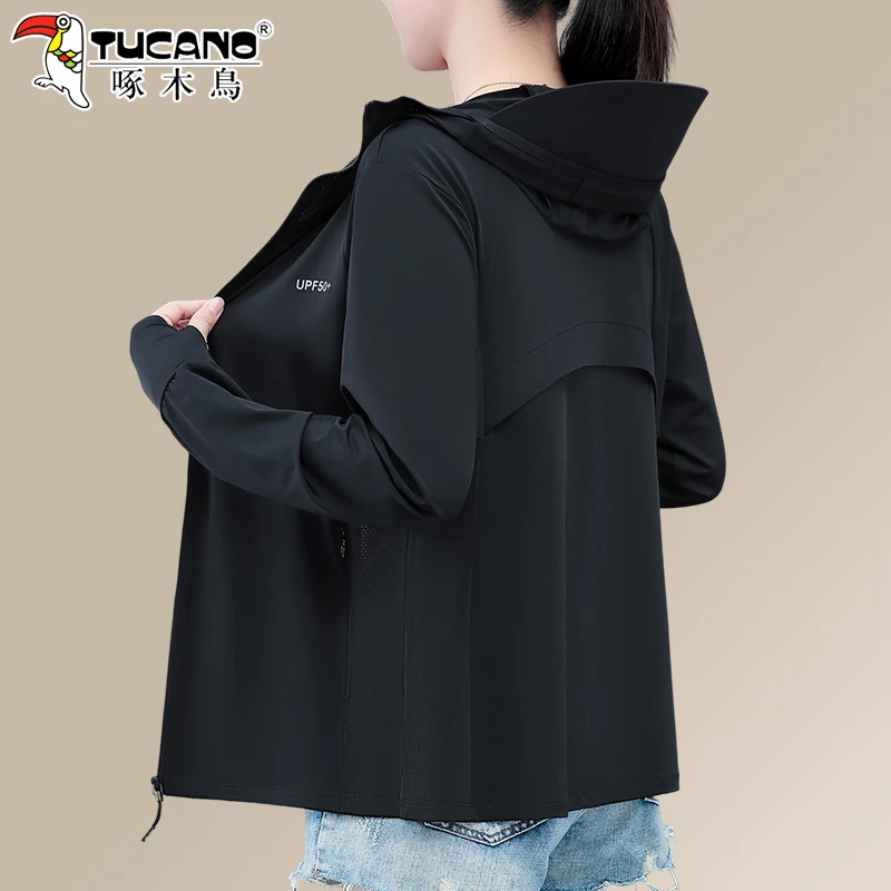 啄木鸟黑色防晒衣女款2025新款夏季小个子冰丝防晒服女士薄款外套