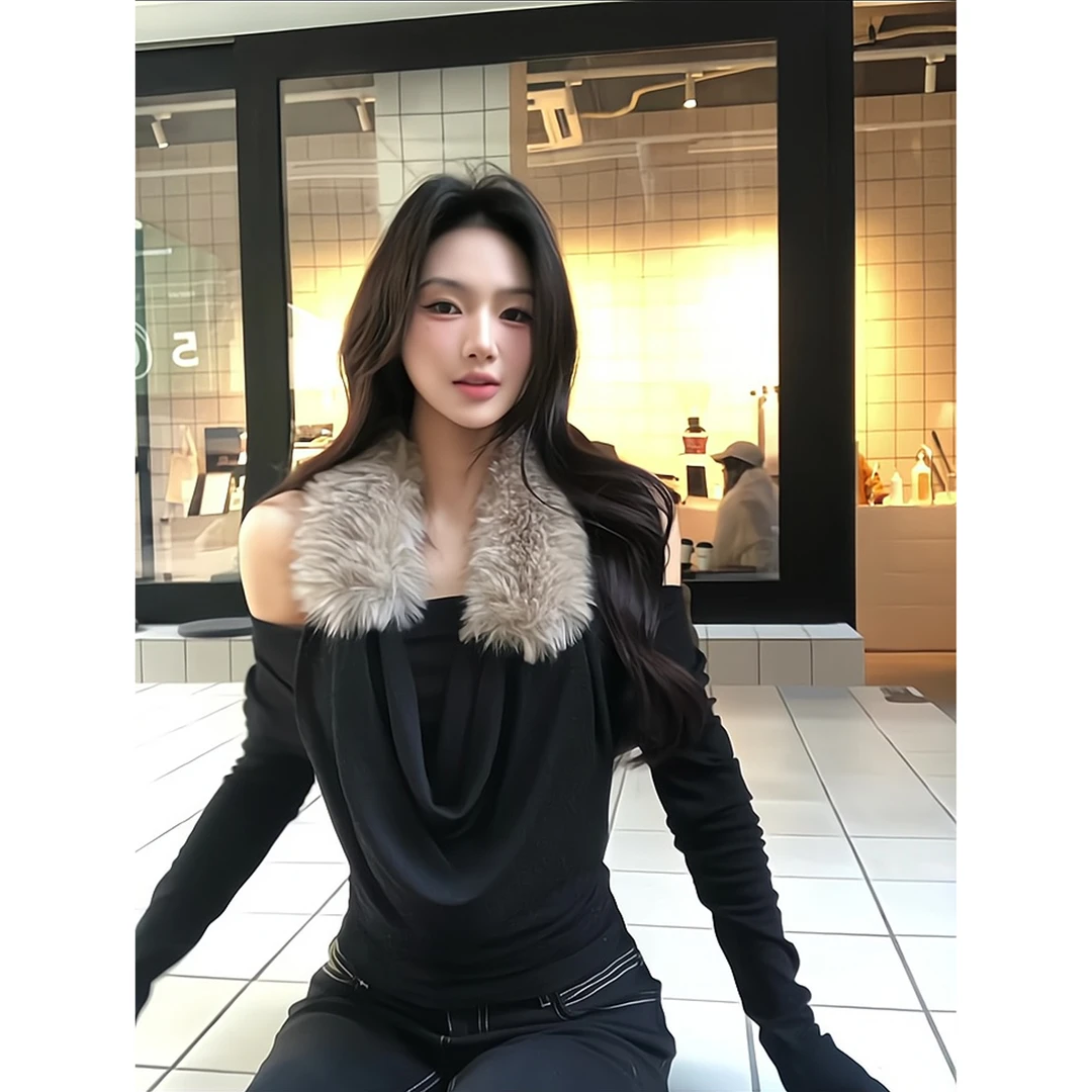 假两件黑色毛毛领长袖针织衫打底衫荡领上衣直筒休闲修身裤牛仔裤