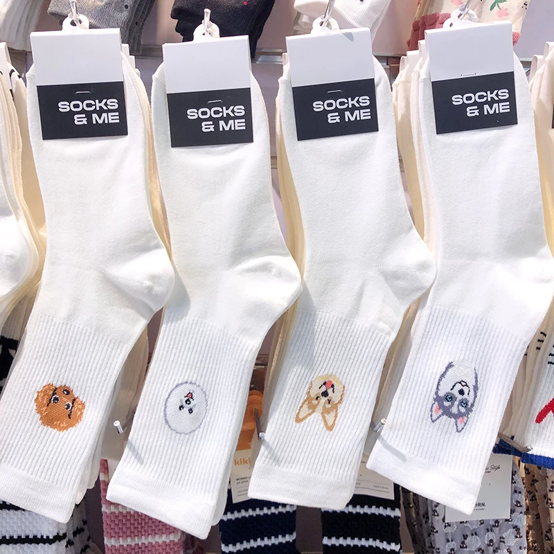 白色袜子韩国女袜ARIES可爱萌宠狗狗少女袜中高筒学院风卡通棉袜