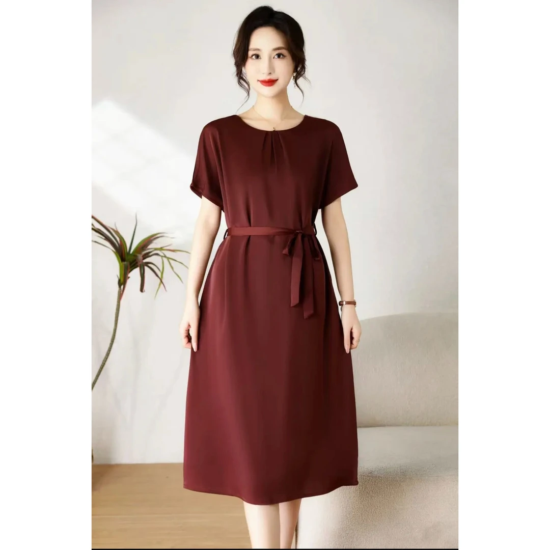 【王老板 】波尔多红气质时尚夏季复古纯色女士收腰显瘦中长款2116