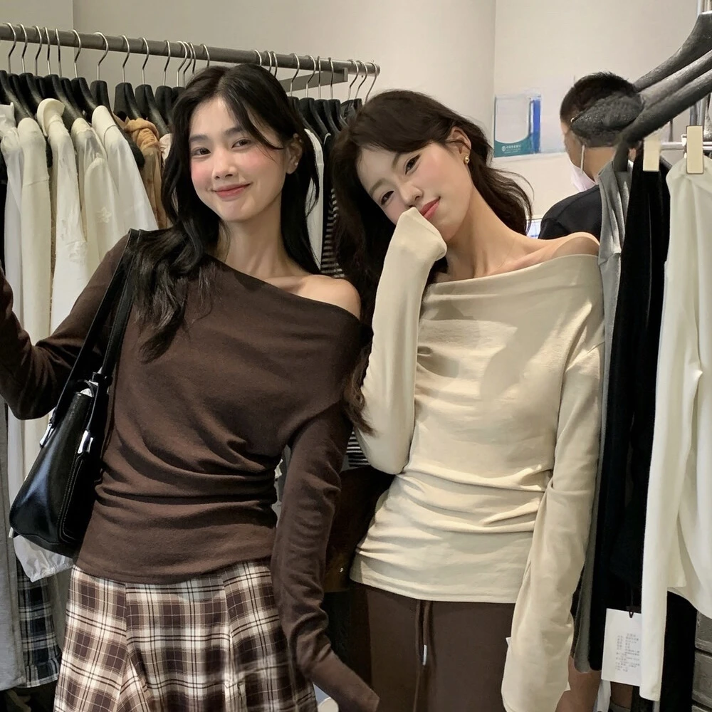 Cute Club 甜美简约一字肩收腰显瘦长袖T恤秋季宽松休闲百搭上衣