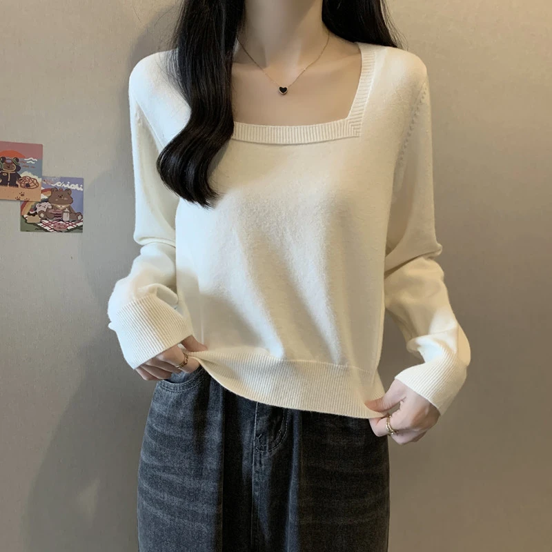 秋季新款大码女装纯色百搭方领长袖针织衫胖妹妹显瘦遮肚休闲上衣