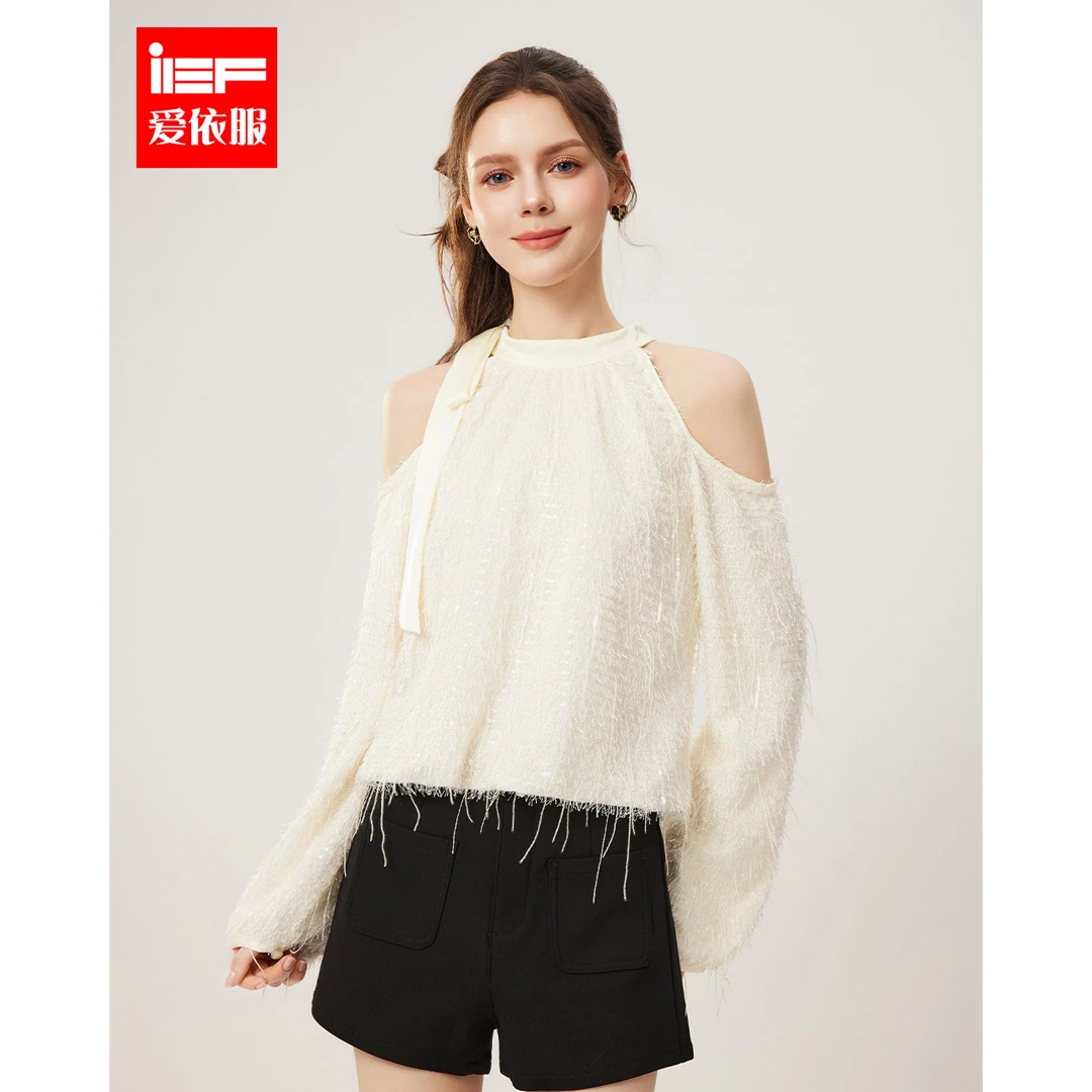 IEF/爱依服2025春季新款法式纯欲风性感露肩设计通勤百搭上衣