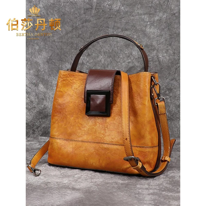 伯莎丹顿复古真皮女士包包头层牛皮手提包大容量水桶包单肩斜挎包