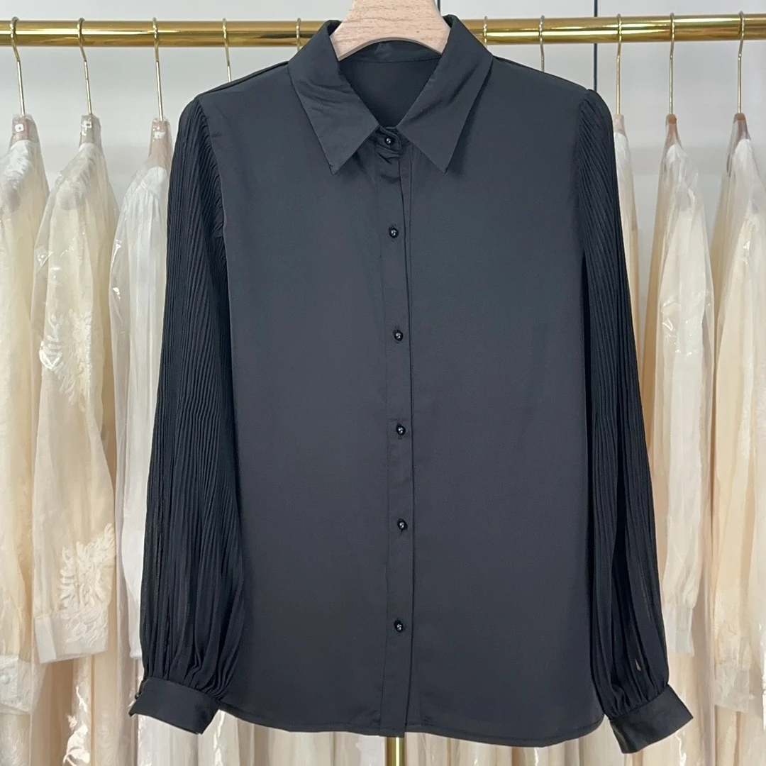 黑色衬衫女高端洋气灯笼袖网纱上衣气质职业打底内搭长袖雪纺衬衣