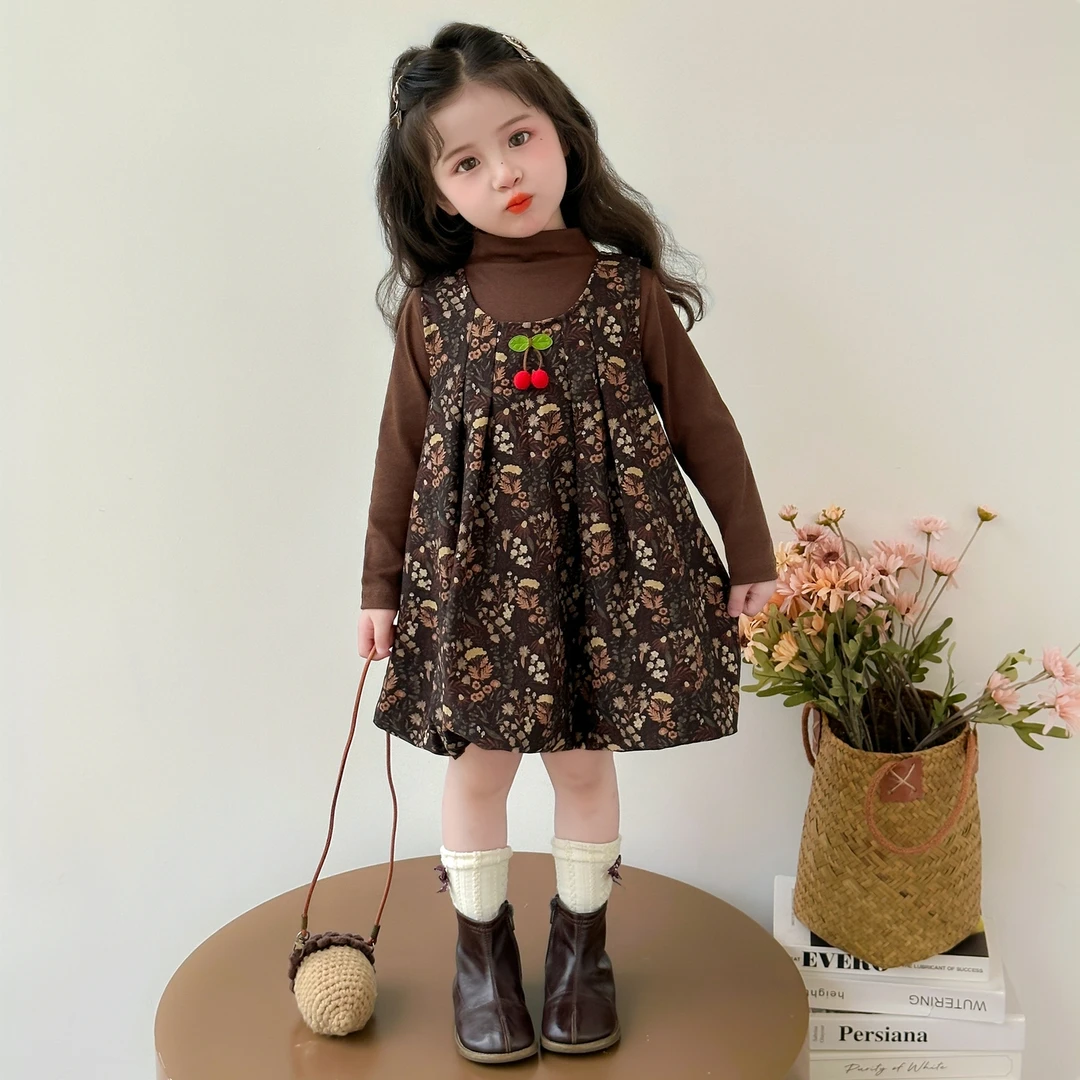 女童秋季洋气樱桃森系连衣裙套装2025新款儿童时尚女宝宝两件套潮