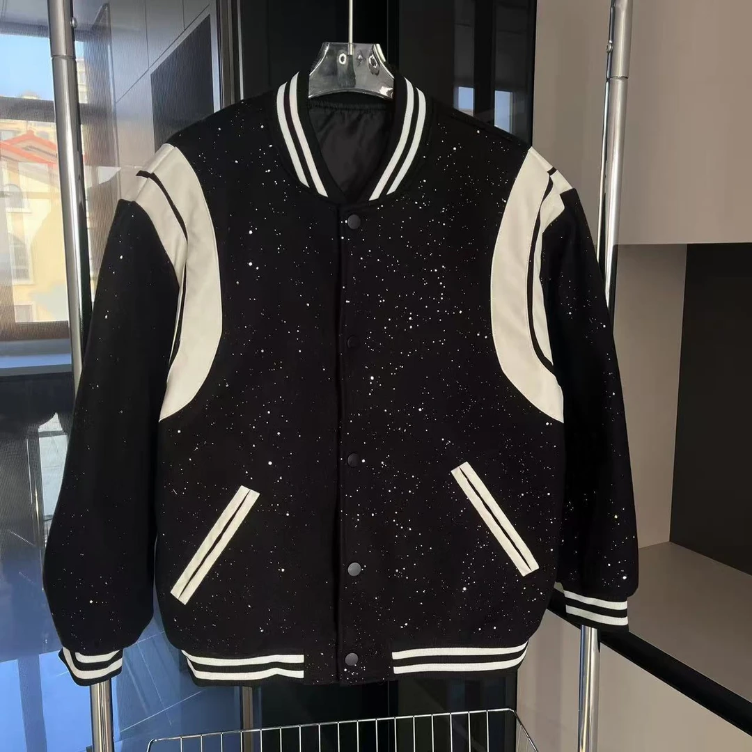 满天星亮闪闪小香风棒球服款皮U拼接宽松外套学生春季情侣ins夹克